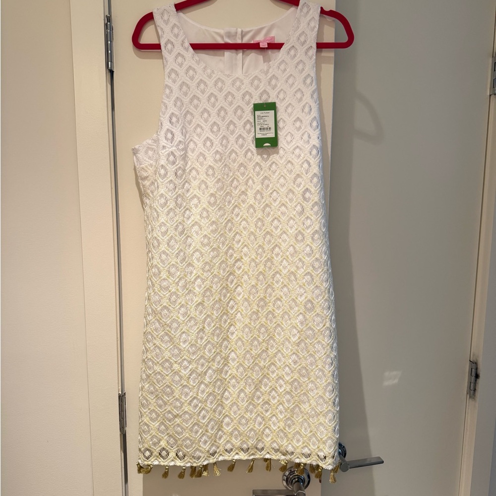 NWT XL Pulitzer
MARQUETTE SHIFT White and Gold Sleeveless Dress Tassels